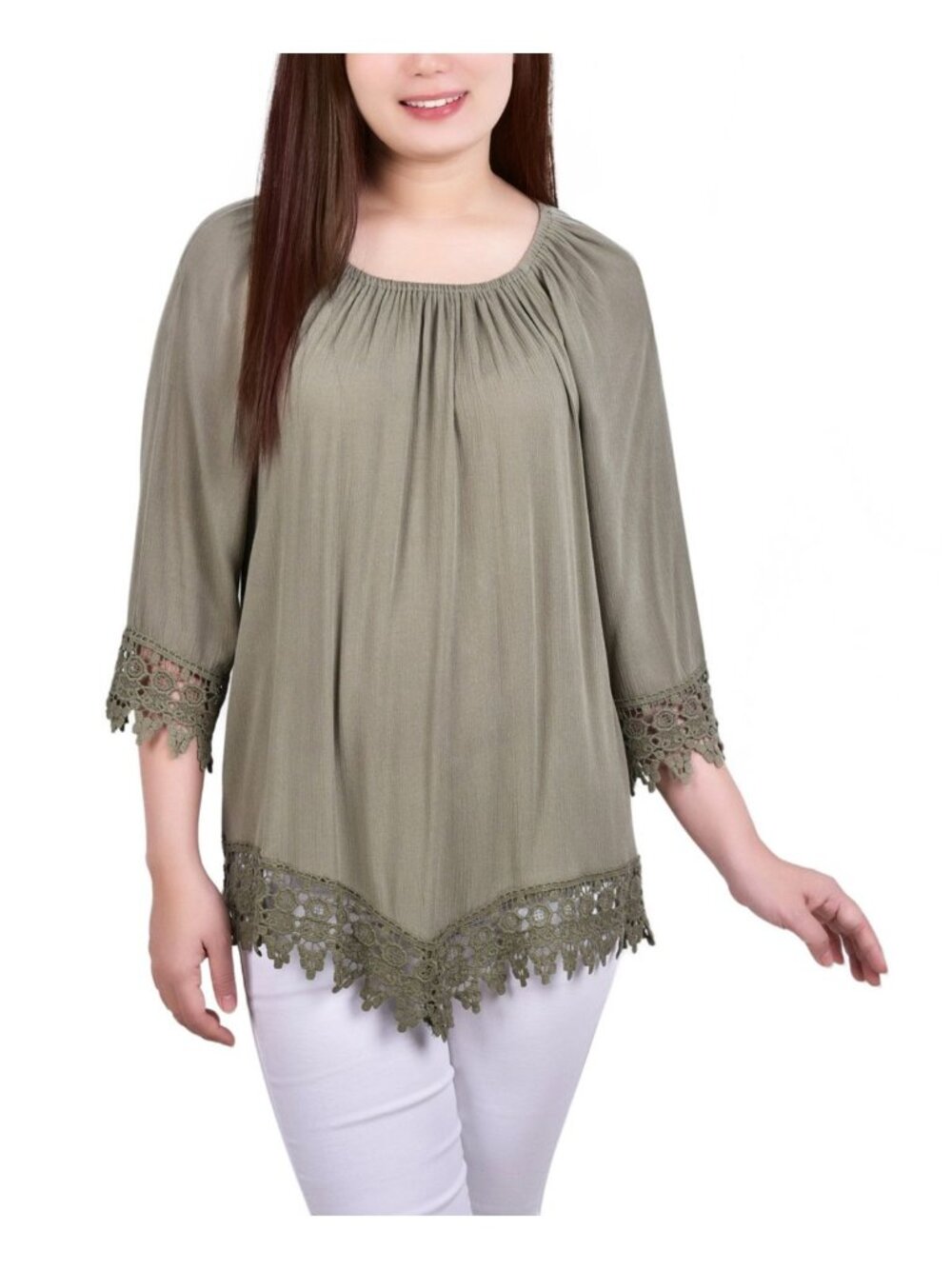 NY Collection Womens Petite 3/4 Sleeve Peasant Blouse Oil Green Size PS NWT